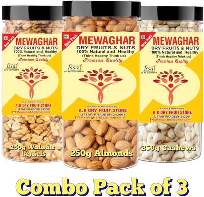MEWAGHAR Dry fruits combo pack of Cashews Almonds Walnuts | akhrot kaju badam 750 GM Almonds, Cashews, Walnuts