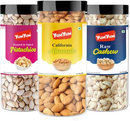 YUM YUM Premium California Almonds (250g) Pista (250g) and Cashew (250g) 750g Dry Fruits Combo Pack- Almonds, Cashews, Pistachios