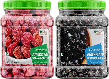 Bliss of Earth 500gm American Strawberries+500gm Whole Dried American Blueberries Exotic Dry Fruit Taste and Healthy Blueberry, Strawberries