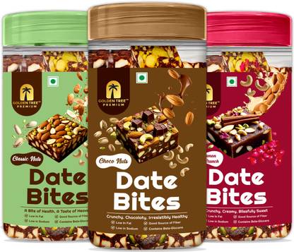Golden Tree Combo of 3 Premium Classic Nuts, Choco Nuts, Cinnamon Rose Crunch Date Bites Almonds, Cashews, Pistachios, Dates