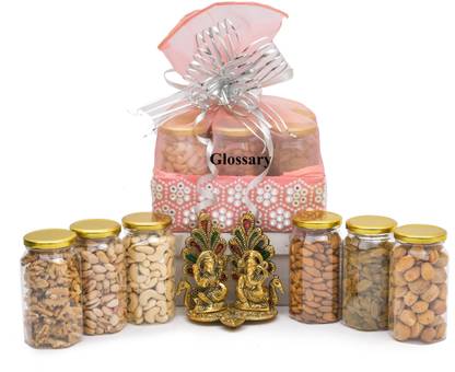 Glossary DRY FRUIT & NUT AND LAXMI GANESHJI SHOW PIECE GIFT HAMPER/BASKET/BOX/PACK 1500GM Almonds, Cashews, Pistachios, Raisins, Walnuts, Apricots