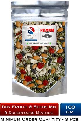pranic foods Dry Fruits & Edible Seeds Mix - Nine Superfoods Mixture - All Premium - 100gm Assorted Seeds & Nuts