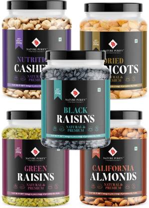 Nature Purify Dry Fruit Combo Pack (Almond,Cashew,Apricot,Kishmish,Black Raisins-250g Each) Cashews, Apricots, Raisins, Almonds