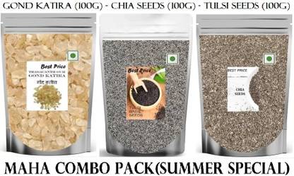 Best Price Summer Hydration Combo - Gond Katira 100Gm Chia Seeds 100Gm Tulsi Seeds 100Gm Dried Gum