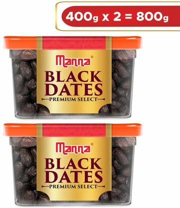 Manna Black Dates - 800g (400g x 2 Packs) | Select Premium Organic Handpicked Dates | Khajoor | Khajur | Soft Dried Healthy Snack | Soft & Juicy texture | Zero Added Sugar & Preservatives | Rich in Iron, Fibre & Vitamins Dry Dates Dry Dates