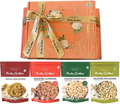 Nutty Gritties Signature Gift Box Roasted Salted Almonds, Cashews, Pistachios, Raisins (200g Each) Almonds, Pistachios, Cashews, Raisins