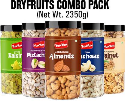 YUM YUM Dry Fruits Almond 500g, Cashew 500g, Pista 500g , Walnut Kernels 350g & Raisins 500g - 2350g (Jar) Almonds, Cashews, Walnuts, Pistachios, Raisins