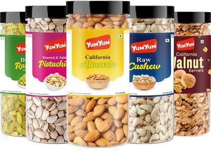 YUM YUM Dry fruits combo pack of 5 Healthy Badam, Kaju, Pista, Kishmish, Akhrot 1.25 KG- Almonds, Cashews, Pistachios, Raisins, Walnuts