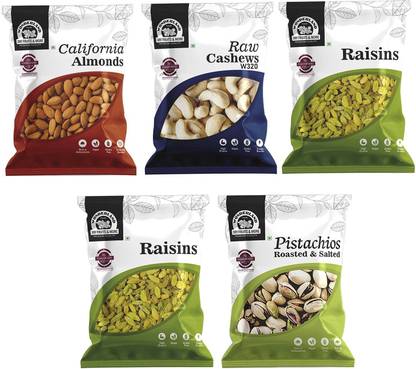 WONDERLAND FOODS Dryfruits Combo Pack of 5 (500g) Raw Almonds, Cashews, R/S Pista (100gEach) and Raisins(2X100g)