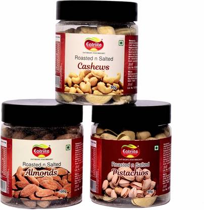 Eatriite Roasted Salted Pista 90g, Almonds 100g. & Cashews 90g Jar Pack 280g Assorted Nuts