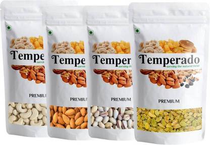 Temperado Dry Fruits Combo Pack (100g*4) - Natural and Unsalted Almond - 100g, Cashew - 100g, Raisins - 100g and Roasted and Salted Pistachios - 100g Almonds, Pistachios, Raisins, Cashews (4 x 100 g) Almonds, Pistachios, Raisins, Cashews