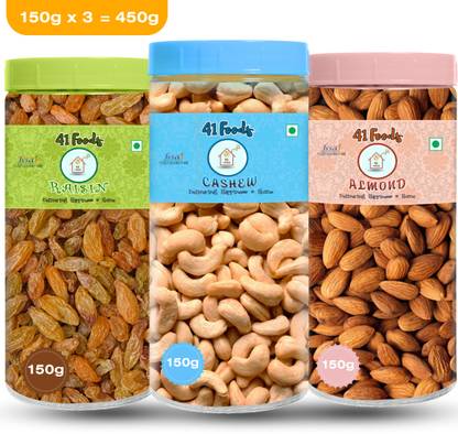 41 foods Dry fruits combo pack of | kaju badam kishmish 450 GM Cashews, Almonds, Raisins
