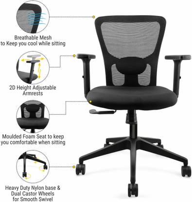 ASTRIDE Ryzen™ Mid Back Office Chair with 2-D Adj PU Arm,Multi Lock Mechanism Nylon Office Adjustable Arm Chair