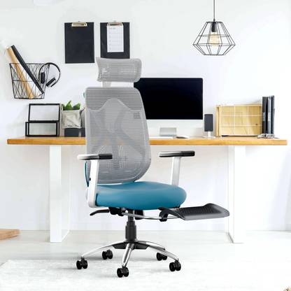 CELLBELL CELLBELL C190 Berlin High Back Chair with Footrest, 3D Armrest, Blue-White Mesh Office Adjustable Arm Chair