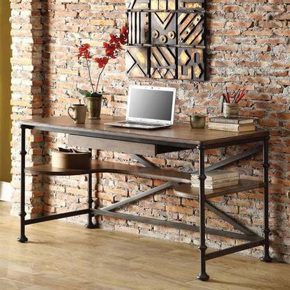 NG Decor Industrial Wood Computer Desk Black Pipe Loft Writing Desk with Shelf Engineered Wood Office Table