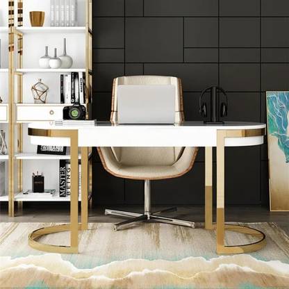 NG Decor Office Desk with 2 Drawers Stainless Steel Legs Lacquer Oval Desk in White Engineered Wood Office Table