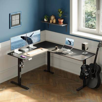 TEKAVO L Shaped Height Adjustable Frame Engineered Wood Multipurpose Table