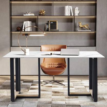 NG Decor Modern White Desk with Sintered Stone Top & Metal Trestle Home Office Desk Stone Office Table