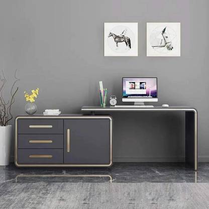 KDINTERIORS Modern Grey " L-Shaped Desk Corner Computer Desk with Cabinet Engineered Wood Office Table