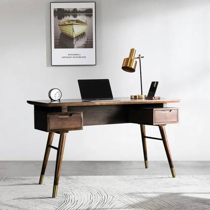 Kd Kohinoor Décor Modern Walnut Office Desk Wooden Writng Desk with 2 Drawers in Gold Finish Engineered Wood Office Table