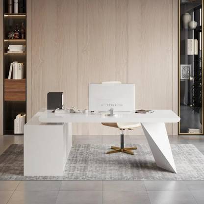 NG Decor White L-Shape Executive Desk Drawers & Cabinet Office Desk Engineered Wood Office Table