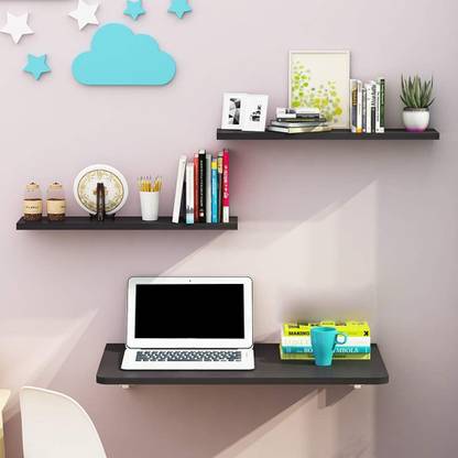 Livzing Livzing Folding Wall Mount Study Desk Laptop Table Adjustable Floating Display Shelf Stand Rack for Living Room Office with Two Shelves Engineered Wood Study Table