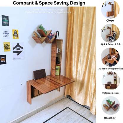 Asaroy Wall-Mounted Folding Study Table desk with Bookshelf & Storage Home, Office Engineered Wood Multipurpose Table
