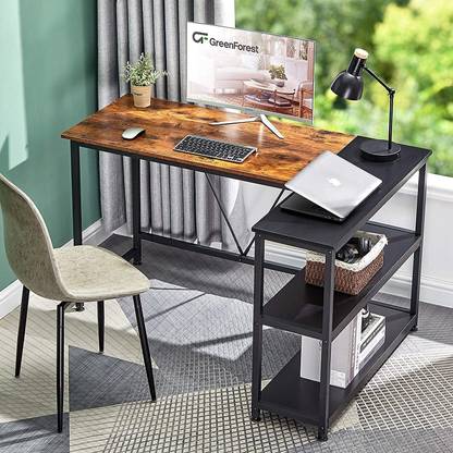 TEKAVO Reversible L-Shape Corner Desk with Storage Shelf, Writing Computer Desk Saving Space for Home/Office PC Workstation Laptop Table, Rustic Brown and Black - (130x50x75 cm) Engineered Wood Office Table