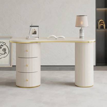 NG Decor Modern Off-White Curved Desk 3-Drawer Wooden Home Office Desk Double Pedestal Engineered Wood Office Table