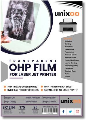 UNIXAA 175 Micron OHP Transparent Sheet With Paper Film For Laser jet Printer 8"X12" INCH Ohp Sheets