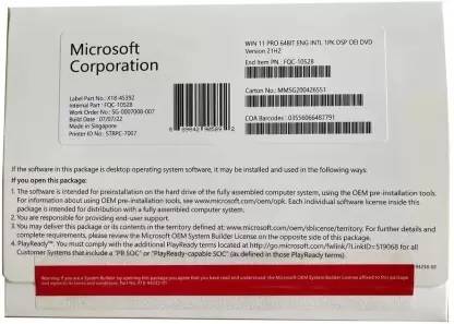 MICROSOFT WINDOWS 11 PRO OEM DVD PACK (LIFETIME VALIDITY, 1PC) 64-bit