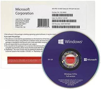 MICROSOFT Windows 10 Professional 64 Bit ( 1 User PC ) New DVD Pack English Lifetime
