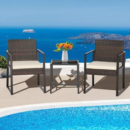 Jiomee Furniture Outdoor-Indoor Rattan Premium Patio 2-Seater Outdoor Set with Glass Top Table Metal Outdoor Chair