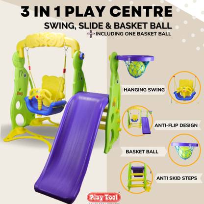 PLAYTOOL Slider Swing for kids and Basket Ball 3 in 1 Multi Activity Gym Set Jhulla