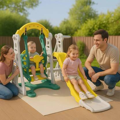 Ok Play 3 in 1 Penguin Play Set for Kids Slide Swing Basketball Outdoor Yellow & Green