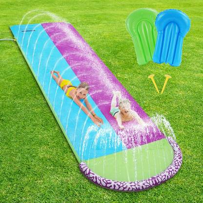 WATER FOUNTAIN Lane Slip Slides, Slip and Slide with 2 Body Boards for Outside Garden Backyard