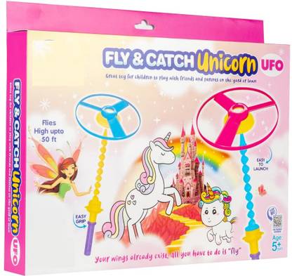 zokato Fly & Catch Unicorn UFO Plastic Flying Saucers Pull String Spinning Wheel .