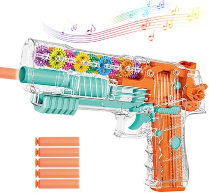 PATPAT Transparent 3D Gear Simulation Mechanical Gun Toys with 5pcs Soft Ammunition Guns & Darts