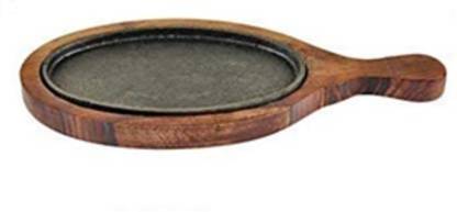 Rame 9 Inch Oval Sizzler Plate with Wooden Base and Handle - Brown Wooden Microwave Turntable Plate