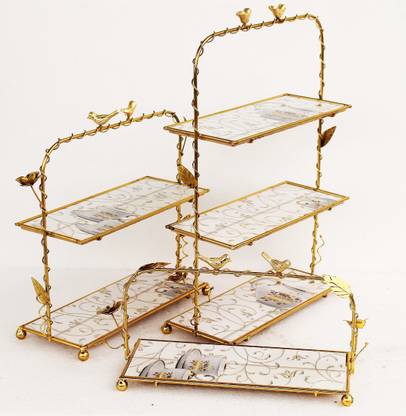 Cera & Home Iron gold plated racks set of 3 pcs with ceramic slabs golden print on it Overhead Storage Shelf