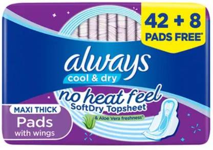 Aastha Always Clean & Dry Maxi Thick, Large Sanitary Pads With Wings, 50 Pads (42+8) Youth (36 - 38 cm) Batting Pad