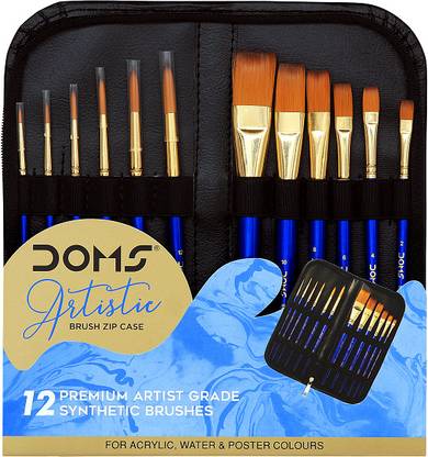 DOMS 12 Artistic Brushes With Zip Case Pouch | For Acrylic, Water & Poster Colors