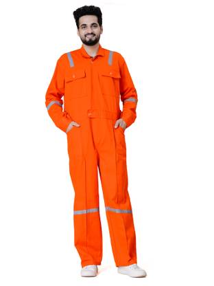 KrishKand Men's Terry Cotton Boiler Suit with Reflective Tape Paint Coverall (ORANGE)-XL Paint Coverall