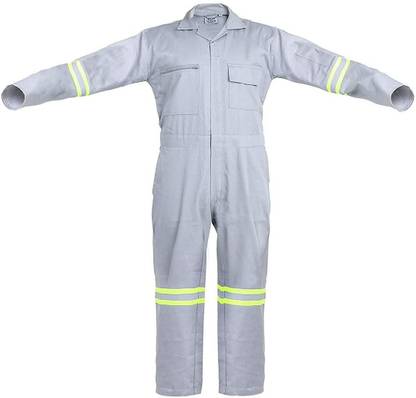 Club Twenty One Men's High Visibility Cotton Coverall with Green and Silver Reflective Tape (Light Grey Colour) | Multiple Pockets Zipper Front Paint Coverall
