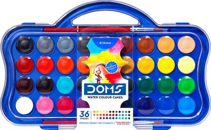 DOMS Non-Toxic 23mm Water Colour Cake Set with 2 Paint Brushes (36 Assorted Shades)
