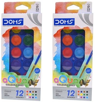DOMS AQUA COLOUR CAKE | 12 shades | 23mm | 1 Brush in box | pack of 2