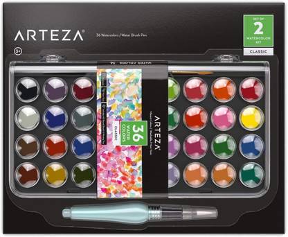 Arteza Watercolor Paint Color Cakes, 1 Water Brush Pen Art Supplies Travel Kit