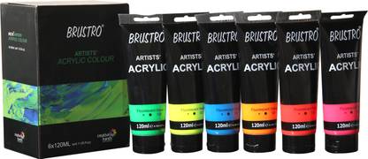 BRuSTRO Brustro Artists’ Acrylic 120ml, Pack of 6 Flourescent Shades (Red, Pink, Orange, Blue, Green & Yellow)