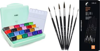 Like it HIMI Gouache Paint Set-24 Colors x 30ml with Round Paint Brushes Set 7