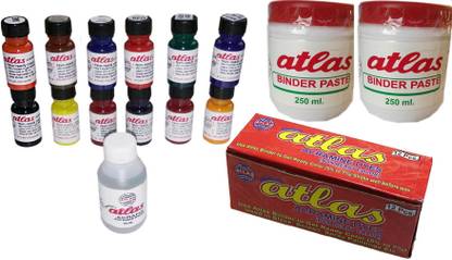 Atlas Colours Pigment Dyes used in fabric printing, screen printing ,block printing, multicolored set of 12 , with fixer and binder paste